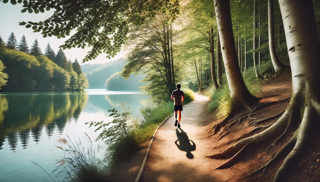 A tranquil lakeside trail with a person walking steadily, surrounded by calm water and reflective trees, illustrating the soothing effects of walking in nature.