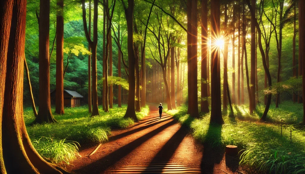 A sunny forest path with gentle light filtering through tall trees, showing a person walking peacefully. The scene highlights the calming and stress-relieving effects of walking in nature.