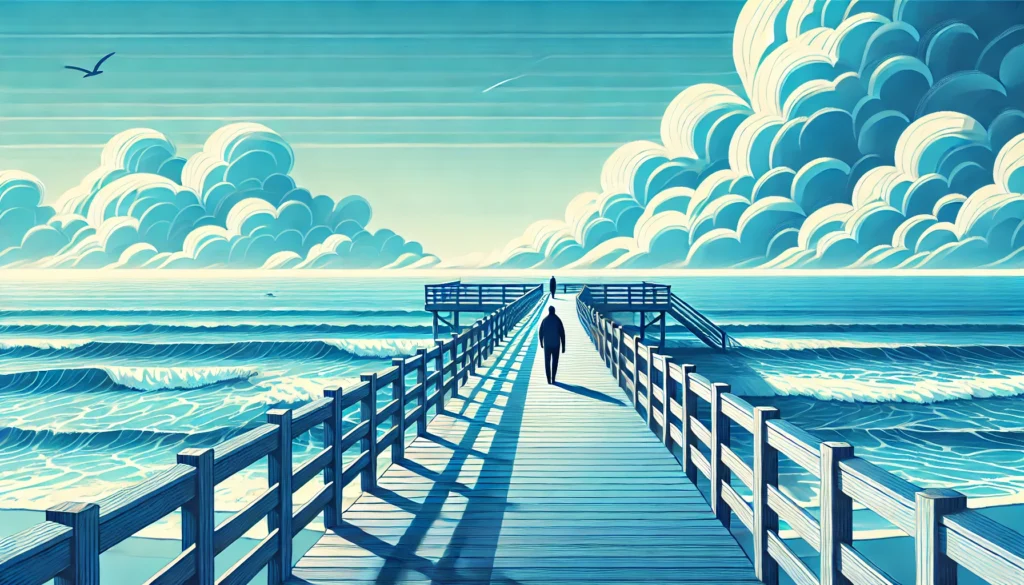 A peaceful coastal boardwalk with ocean waves gently crashing nearby, featuring a person walking under a bright, clear sky. Highlights the stress-relieving benefits of walking by the sea.