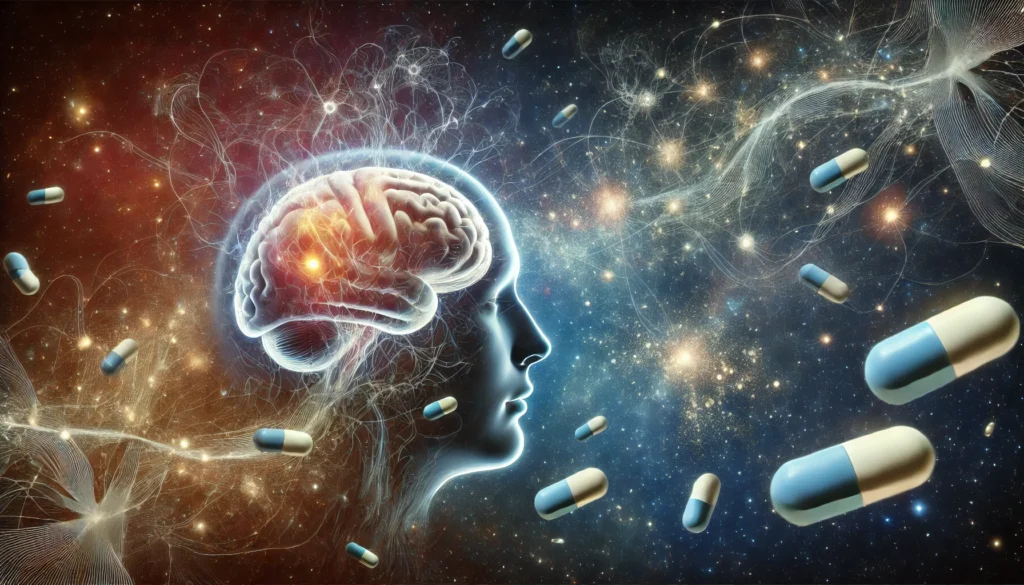 A surreal conceptual image representing the relationship between Wellbutrin and dementia risk. A brain floats in cosmic space, with neural pathways flickering between light and darkness. Some neurons appear hyperactive, while others fade away, symbolizing potential cognitive effects. Pills gently drift around, representing the medication’s influence on brain function.