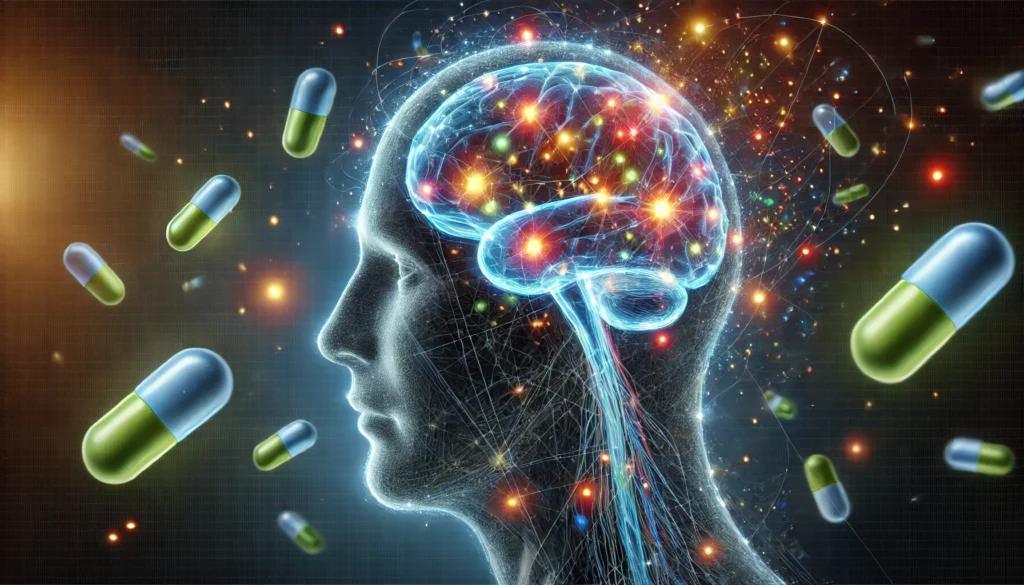 An abstract visualization of Wellbutrin’s impact on brain function and dementia risk. A transparent human head with neural pathways lighting up in different areas, some glowing brightly while others flicker out. Floating pills drift in the background, symbolizing the uncertain effects on cognitive health.