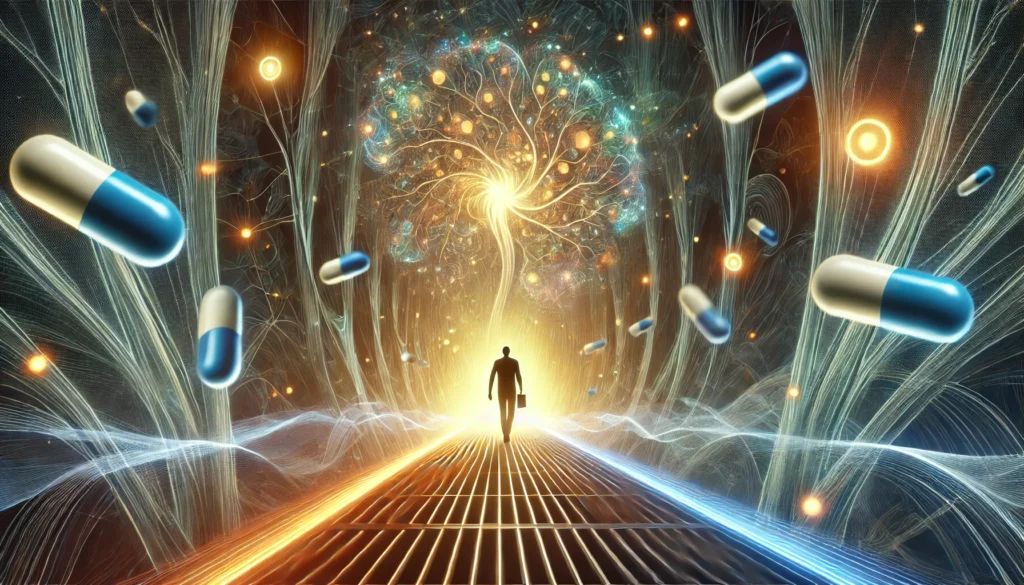 A surreal representation of Wellbutrin’s effect on cognitive function. A person walks through a glowing neural pathway, with some areas illuminated while others fade into darkness. Floating pills drift in the background, symbolizing the potential risks and benefits of Wellbutrin on dementia.