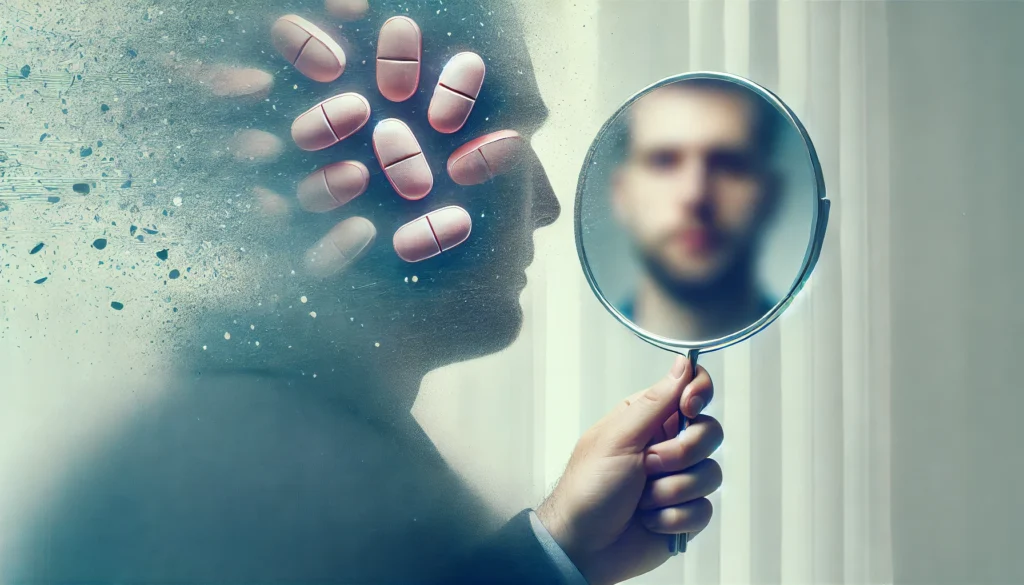 A conceptual image of a person looking into a mirror, but their reflection is blurry and fragmented, symbolizing memory issues. Faint floating pills subtly appear in the reflection, representing the potential cognitive side effects of medication.