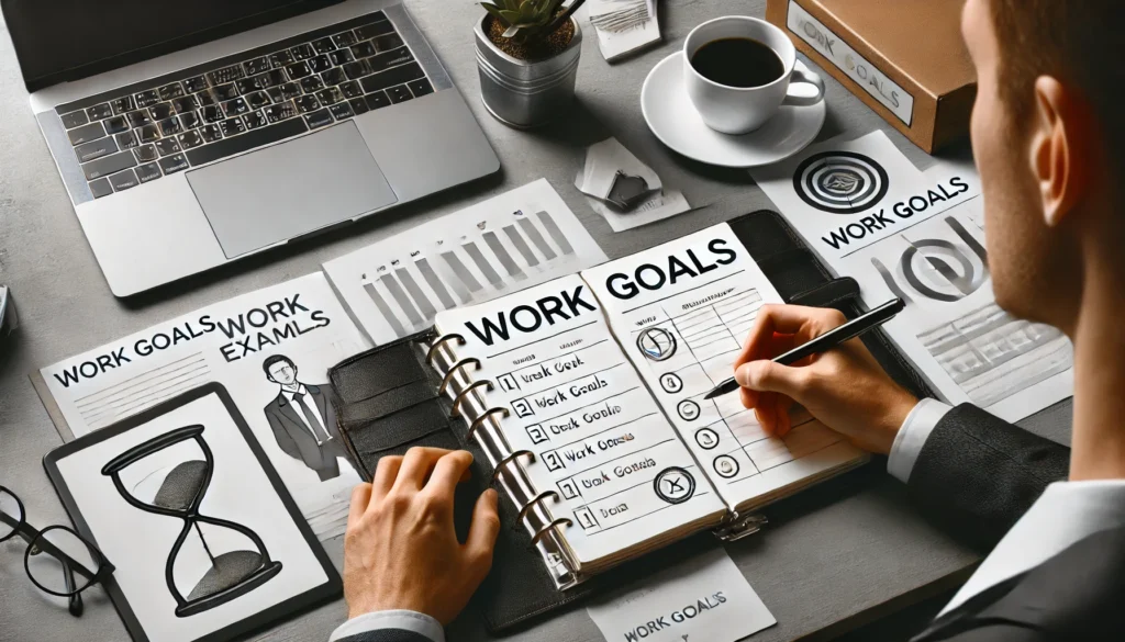 A person planning work goals in a professional office setting, representing productivity and strategic planning