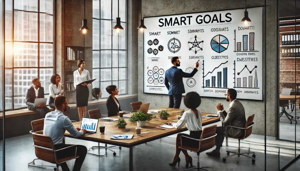 A diverse team working together in a modern conference room, using a whiteboard to outline their SMART goals examples for work, with charts and graphs highlighting their objectives