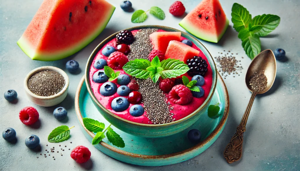 A vibrant smoothie bowl made with fresh watermelon, berries, and chia seeds, garnished with mint leaves. The colorful presentation symbolizes the hydrating and brain-boosting properties of watermelon for mental clarity and cognitive function.