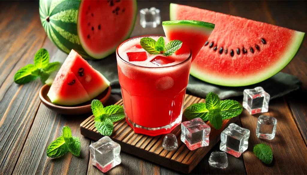 A refreshing glass of watermelon juice with ice cubes and mint leaves, placed on a wooden table with slices of fresh watermelon around it. The vibrant red drink represents the brain-hydrating and cognitive-boosting benefits of watermelon.