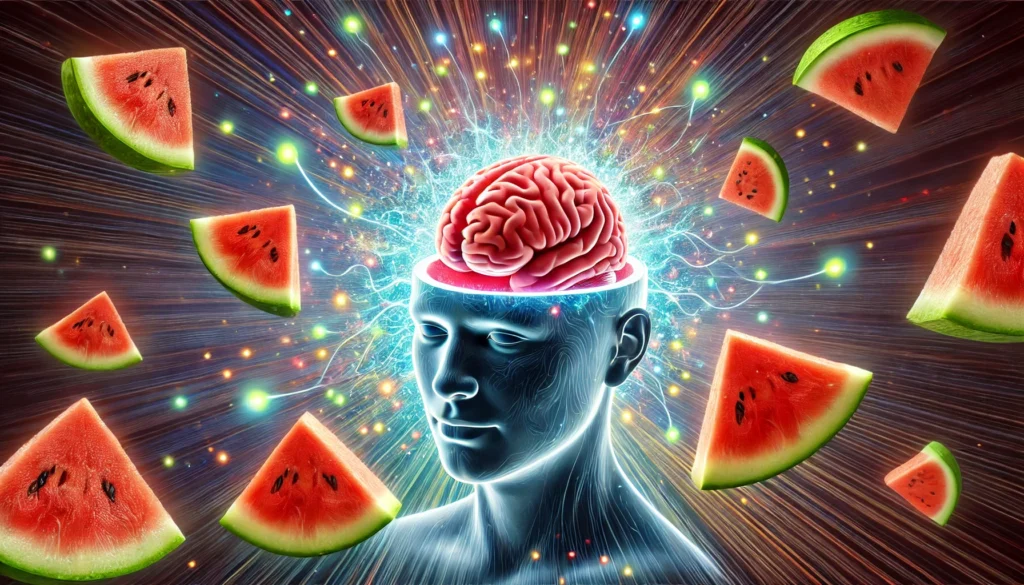 A surreal artistic depiction of a human brain surrounded by glowing watermelon slices, symbolizing the cognitive benefits of watermelon. The radiant energy around the brain represents hydration, memory support, and mental clarity.