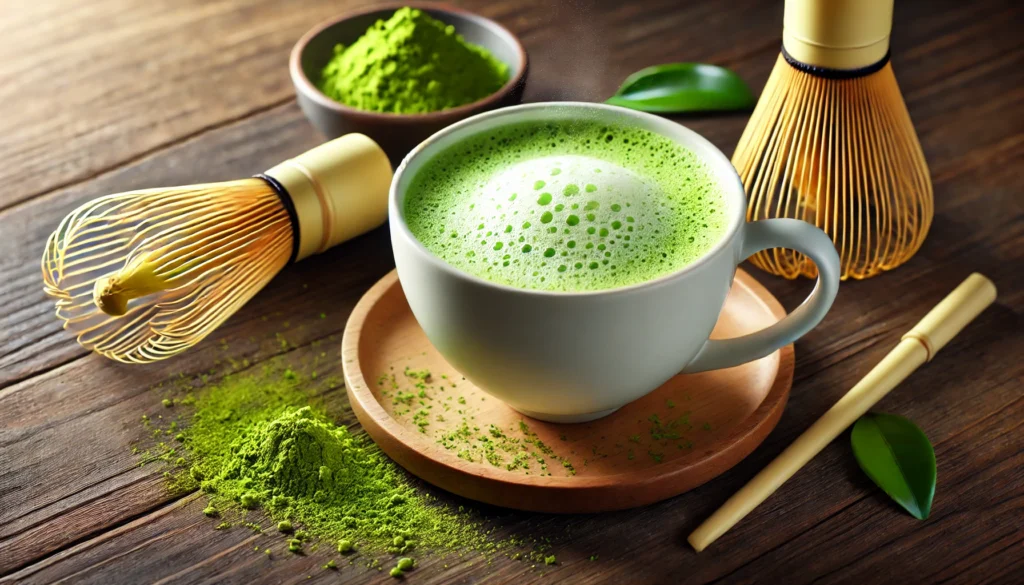 A steaming cup of matcha green tea with frothy texture, placed on a wooden table with fresh matcha powder and a bamboo whisk. The vibrant green color represents its rich antioxidants and cognitive-boosting properties.