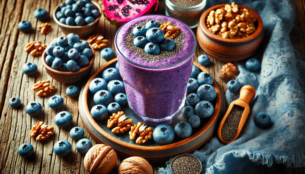 A glass of fresh blueberry smoothie surrounded by ingredients such as fresh blueberries, walnuts, and chia seeds, placed on a rustic wooden table. The vibrant blue color represents the brain-boosting properties of berries in combating dementia.