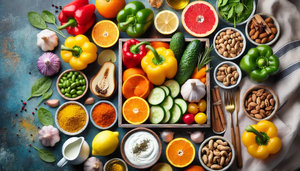 A top-down view of a meal prep setup with fresh immunity-boosting foods, including bell peppers, citrus fruits, garlic, turmeric, yogurt, and nuts. The vibrant colors and natural ingredients symbolize the importance of a nutrient-rich diet for a strong immune system.