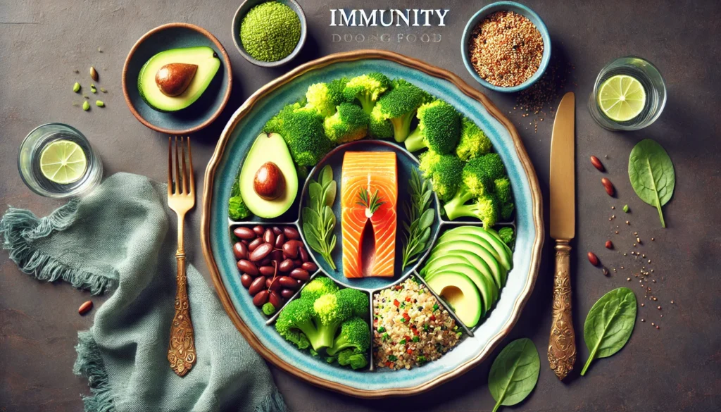 An elegant dining plate featuring a balanced meal with immunity-boosting foods such as salmon, steamed broccoli, quinoa, and avocado slices. The presentation represents the role of nutrient-rich meals in enhancing the immune system.