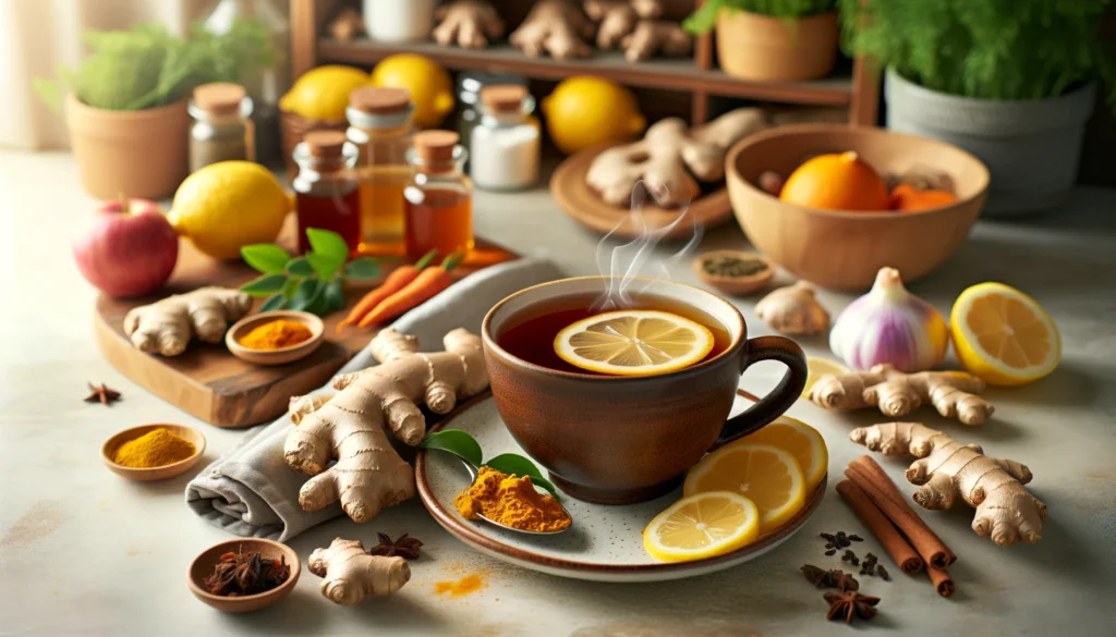 A cozy kitchen setting featuring a warm cup of herbal tea infused with ginger, turmeric, and lemon, surrounded by fresh ingredients known for their immunity-boosting properties. The scene represents the power of natural remedies in strengthening the immune system.