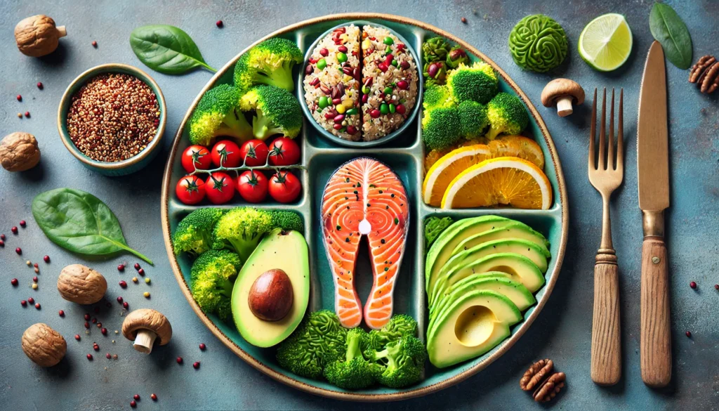 A beautifully arranged plate featuring a balanced meal with foods rich in essential nervous system nutrients, such as grilled salmon, quinoa, steamed broccoli, and avocado slices. The vibrant presentation represents brain and nerve health support.