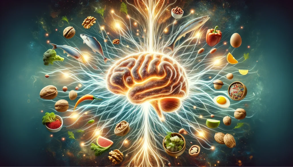 A conceptual artistic representation of a glowing nervous system with energy waves radiating outward, surrounded by floating foods rich in essential nutrients like nuts, fish, eggs, and vegetables. The image symbolizes the connection between nutrition and nerve health.