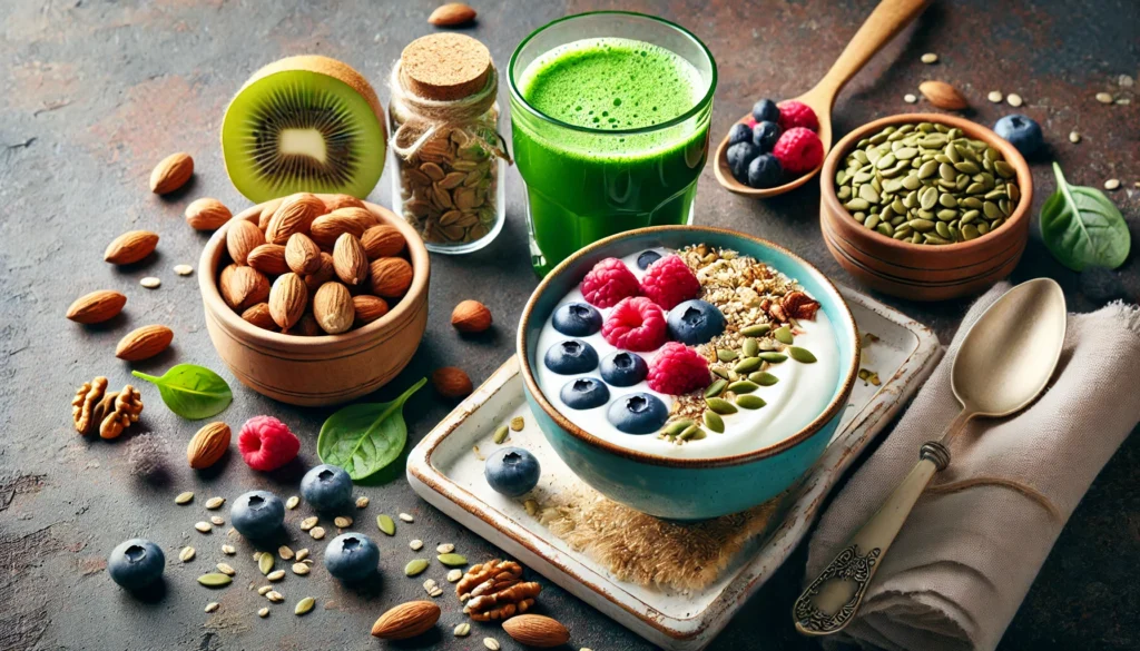 A nutritious breakfast scene with a bowl of yogurt topped with nuts, seeds, and berries, alongside a glass of fresh green juice. The fresh ingredients symbolize the role of essential nutrients in maintaining a healthy nervous system.