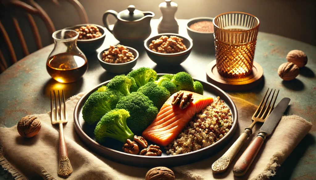 An elegant dining setup with a nutritious meal featuring salmon, quinoa, steamed broccoli, and walnuts. The warm and natural lighting highlights the cognitive-enhancing and energy-boosting benefits of this brain-healthy meal.