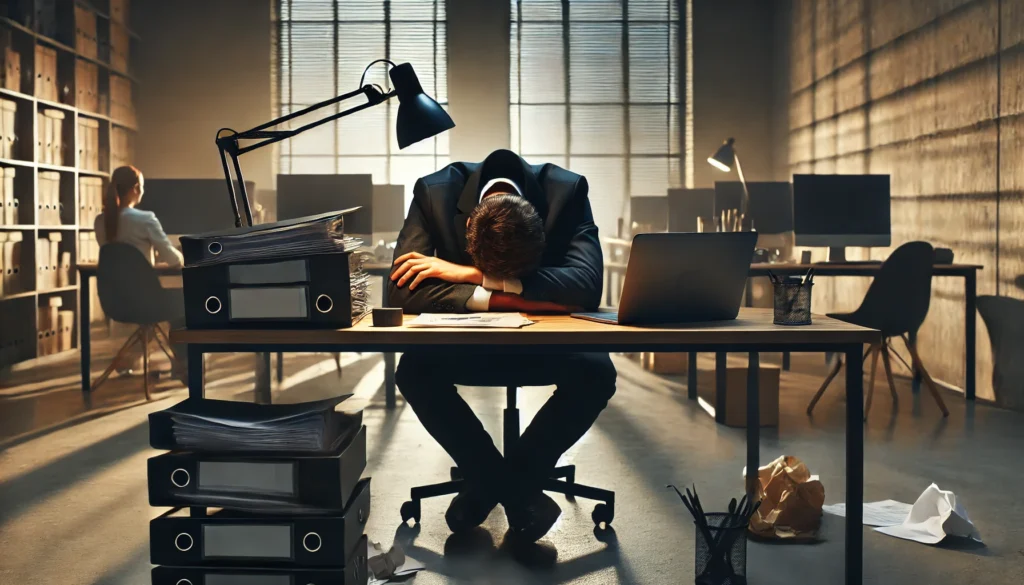 A professional in a modern office resting their head on their desk amidst dim lighting and unfinished tasks, illustrating the physical and emotional toll of burnout at work.