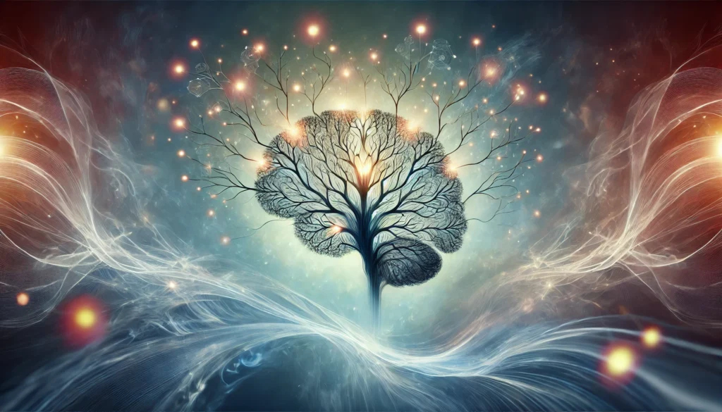 An artistic interpretation of cognitive processing—A tree-like brain structure with glowing branches extending outward, symbolizing thought expansion, problem-solving, and information retention. The background flows ethereally, representing the seamless connection of ideas in the human mind.