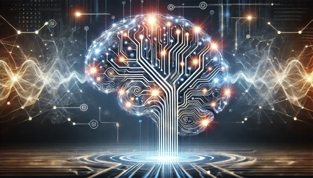 A symbolic depiction of cognitive processes—A glowing neural network shaped like a brain, with dynamic electrical impulses traveling along pathways, representing decision-making, learning, and memory retrieval in a futuristic, abstract environment.