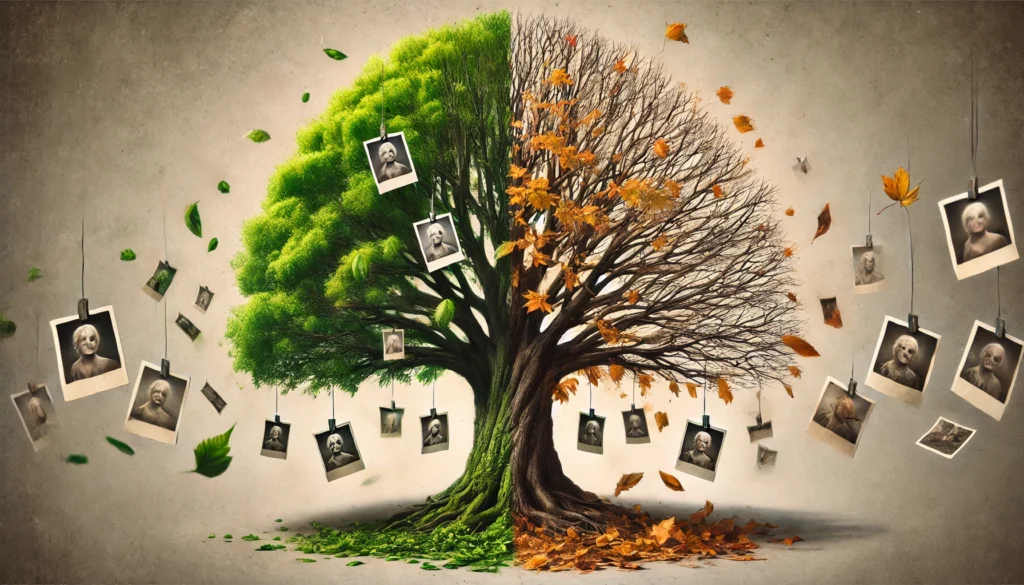 A surreal image illustrating memory loss as a yearly cycle. A tree with four distinct sections—one side lush and green, transitioning into autumn with falling leaves, then winter with bare branches, and finally spring with new growth. Scattered, faded photographs hang from the branches, representing fading memories through time.