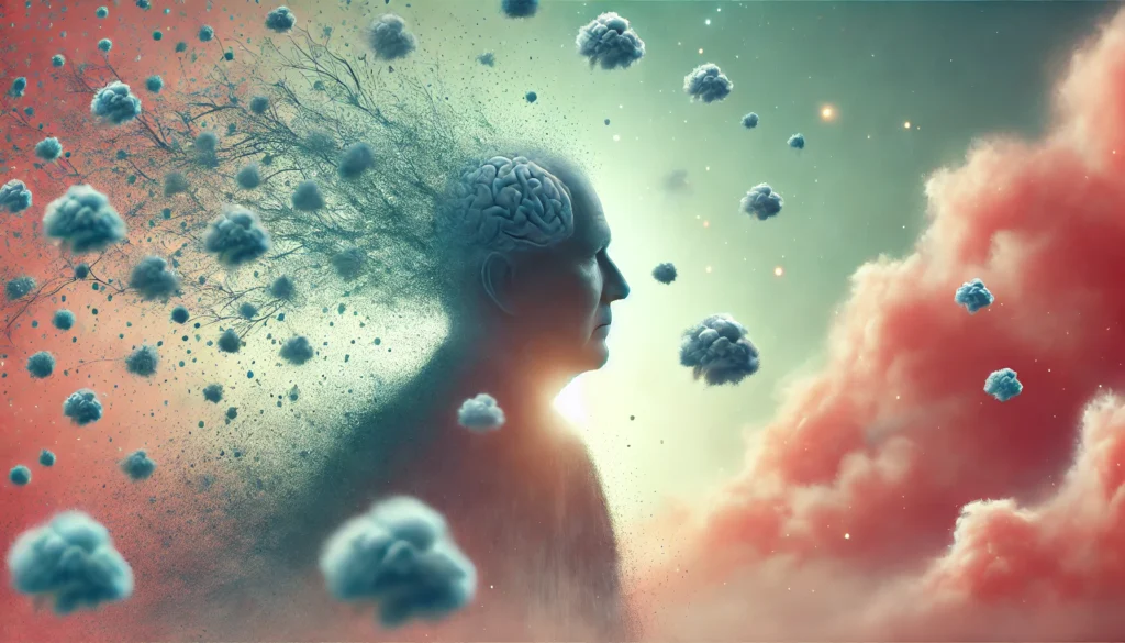 A surreal depiction of an elderly person’s silhouette with floating memory fragments dissolving into the air. The background is soft and dreamlike, representing memory loss due to aging, stress, and medical conditions like dementia.