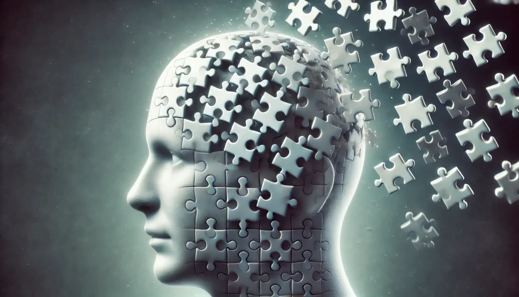 A symbolic image of a human head with puzzle pieces missing, visually depicting memory loss. Some puzzle pieces are floating away, representing causes like aging, neurological disorders, and lifestyle factors affecting cognitive function.