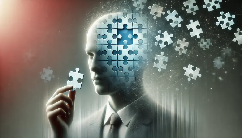 A conceptual illustration of memory loss psychology, featuring a person with a transparent head where puzzle pieces are missing or floating away, representing lost memories and cognitive decline.