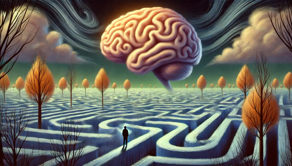 A mysterious visualization of memory loss, depicting a winding maze slowly disappearing into darkness, with a person standing at the entrance, symbolizing confusion and difficulty in recalling past experiences.