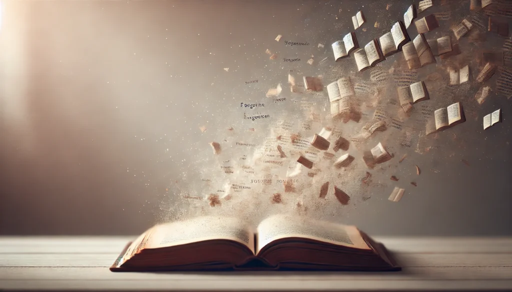 A metaphorical image of memory loss, showcasing an open book with words dissolving into the air, representing forgotten knowledge and fading memories, with a soft and melancholic atmosphere.