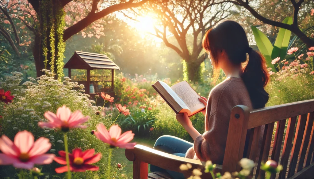 A woman reading an encouraging book in a serene outdoor garden, sitting on a wooden bench surrounded by blooming flowers, with sunlight filtering through the trees