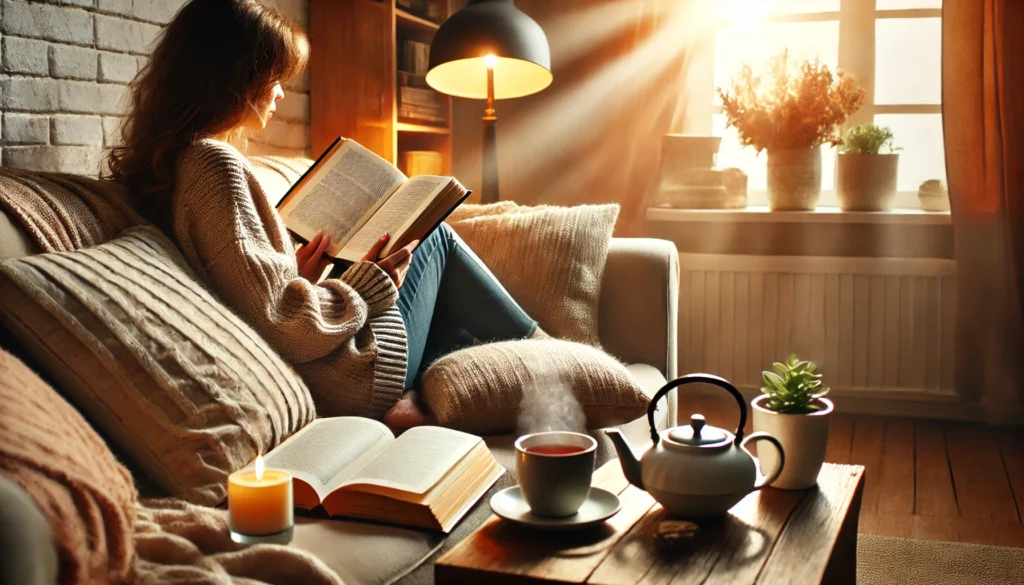 A cozy living room with a woman relaxing on a couch, reading an encouraging book, surrounded by soft pillows, a warm lamp, and a steaming cup of tea