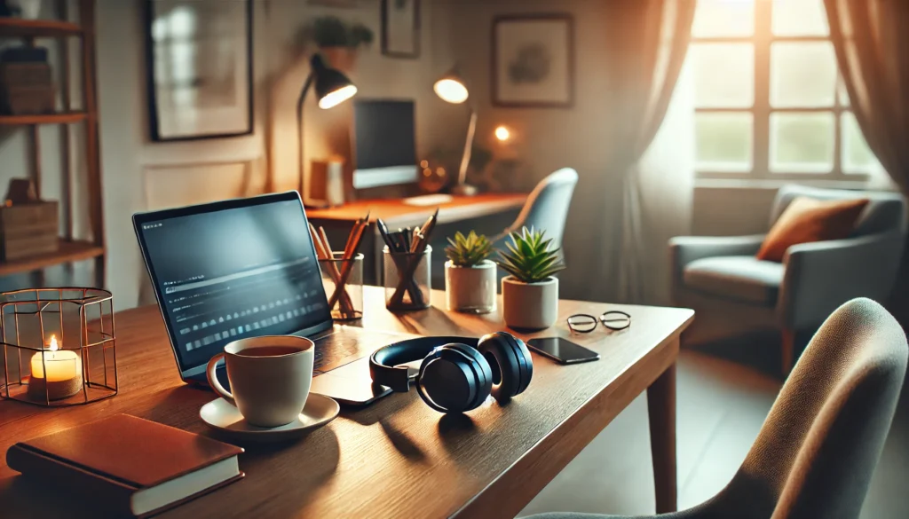 A serene home workspace with noise-canceling headphones resting on a laptop, a warm cup of tea, and soft lighting. The scene includes a cozy chair and a plant, creating a calm and focused environment for remote work, illustrating how to stay focused when working from home.