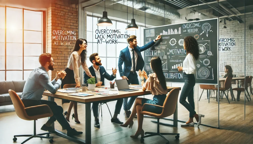 A dynamic office scene showing a diverse team of professionals collaborating enthusiastically around a table. The workspace features modern decor, a whiteboard with brainstorming notes, and a sense of teamwork and energy, illustrating overcoming lack of motivation at work through collaboration.

