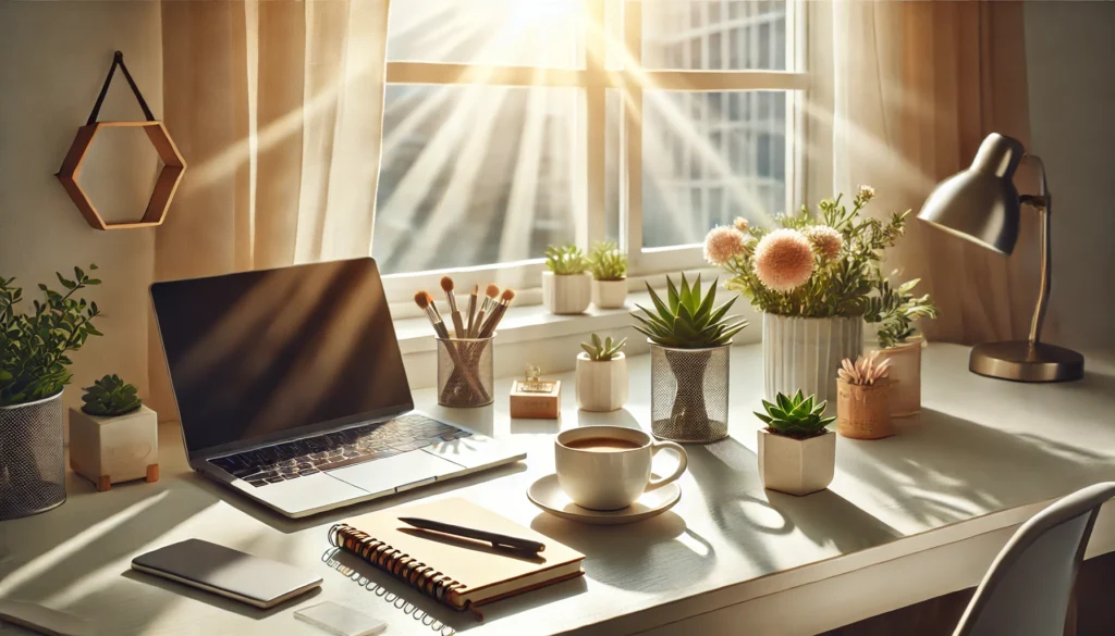 An inspiring morning workspace setup featuring a clean desk with a cup of coffee, a notebook, and a laptop. Sunlight streams through the window, creating a positive and uplifting atmosphere that reflects mindfulness and self-care in overcoming lack of motivation at work.