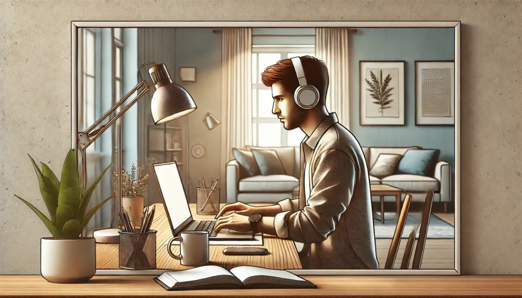 "A person wearing wireless headphones and focused on their laptop at a tidy home office desk, creating an ideal workspace for staying focused when working from home."