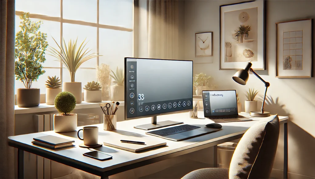 A minimalist home office setup featuring a laptop, notepad, coffee mug, and indoor plant, illuminated by natural light to promote productivity and focus for practicing productivity hacks."