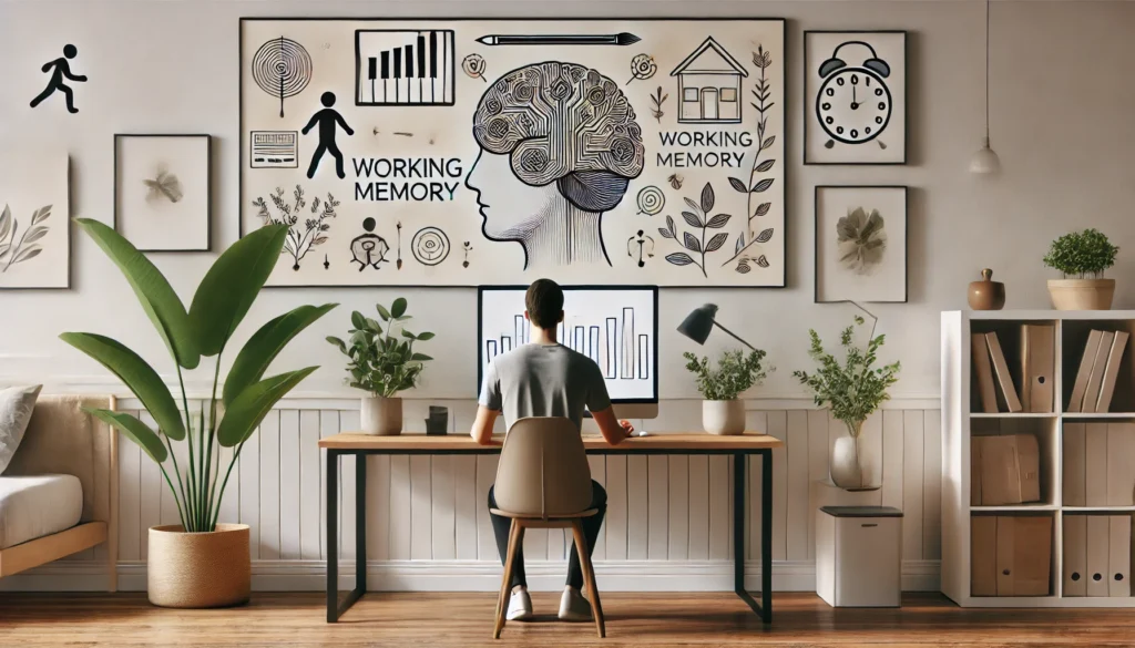 A widescreen image of a serene home office with a person engaged in a working memory exercise on a desktop computer, surrounded by motivational plants and minimalist decor, emphasizing focus and cognitive enhancement.