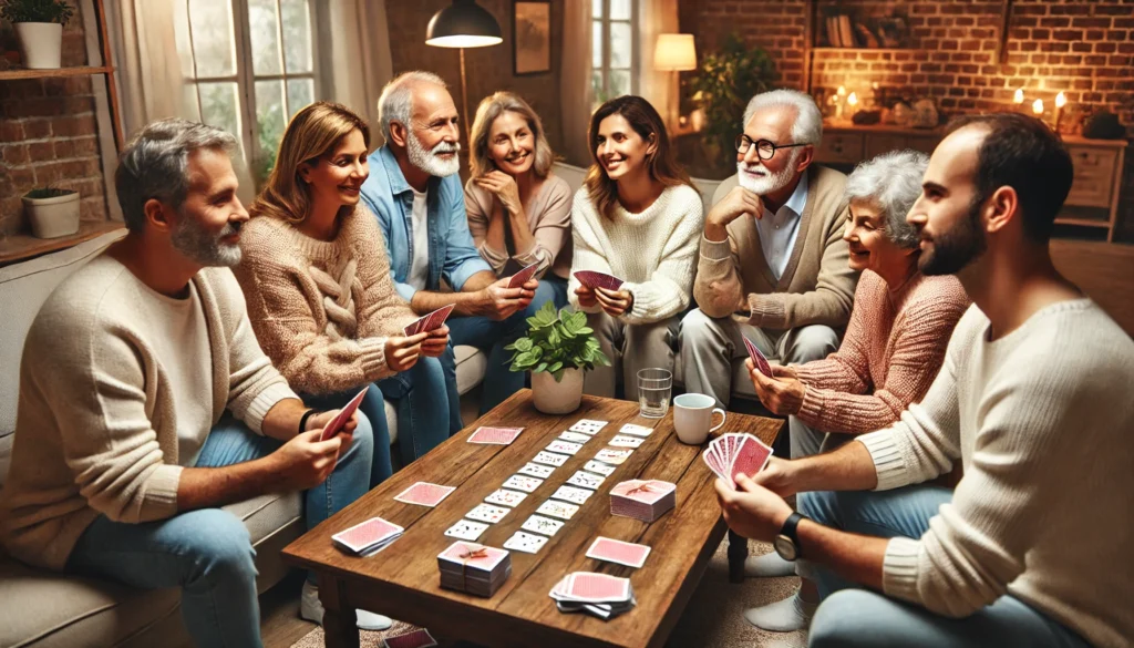 A widescreen image of a group of adults from diverse backgrounds, sitting in a cozy living room, enthusiastically engaging in a memory-enhancing card game, creating a friendly and stimulating atmosphere.