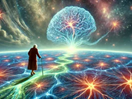 "A surreal depiction of an elderly figure walking on a glowing neural pathway, illustrating lifelong learning and cognitive engagement."