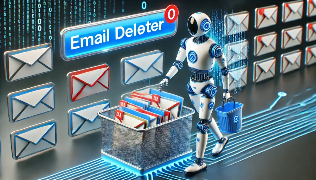 "A creative 3D-rendered image of a robotic assistant managing an email inbox with an 'email deleter' tool, efficiently categorizing emails and eliminating clutter."