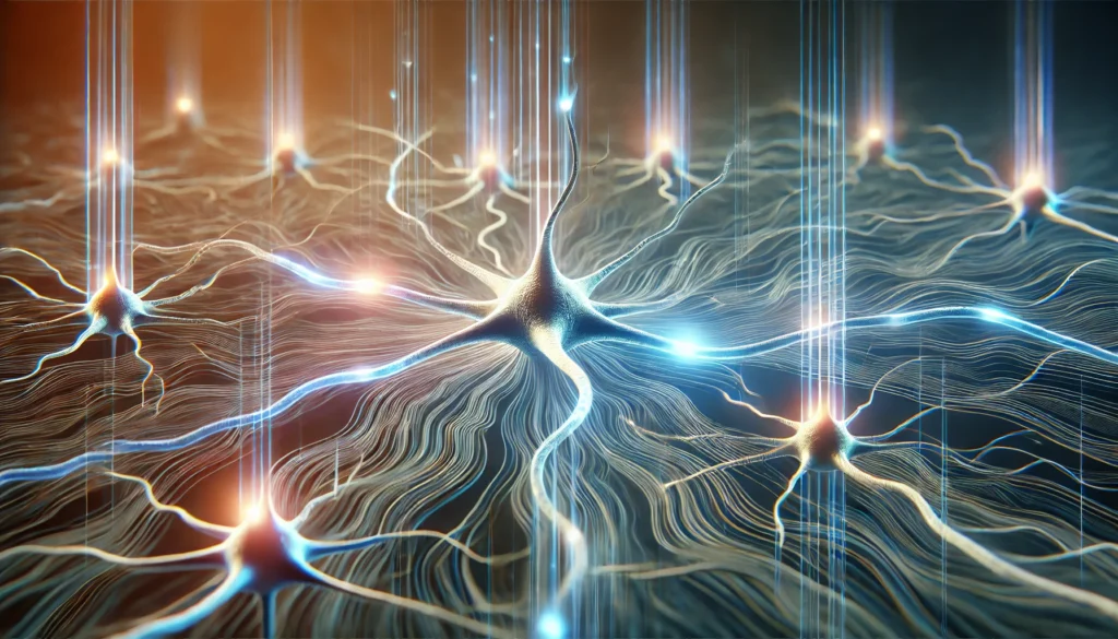 "Visual representation of neural pathways strengthening, showing multiple connections forming between neurons, with glowing lines and waves highlighting the reinforcing transmission of electrical impulses."