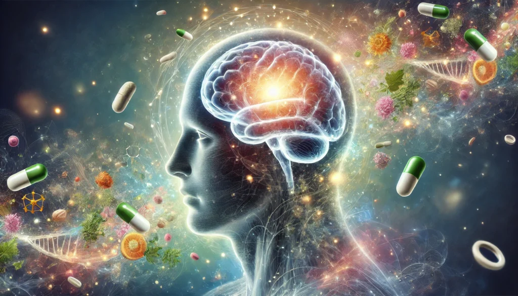 An artistic illustration of a transparent human head revealing a luminous brain, surrounded by floating supplement capsules, herbs, and fruits, symbolizing the role of natural and synthetic supplements in cognitive enhancement.