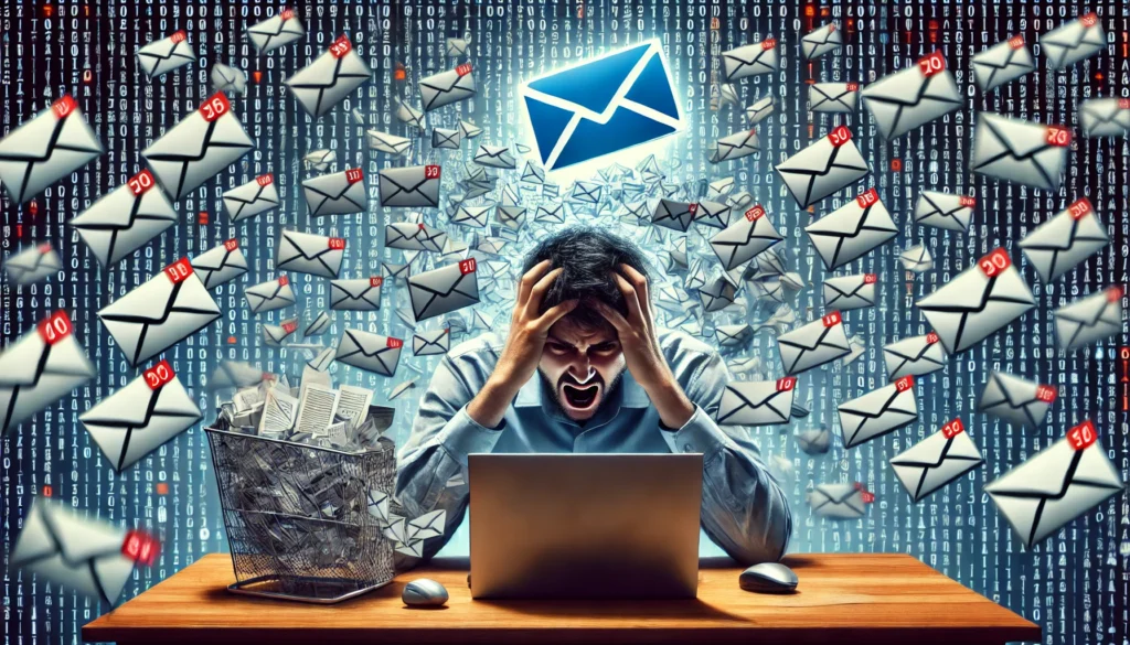  "A frustrated person at their computer, overwhelmed by an influx of spam emails, while an AI-powered email deleter tool works in the background to filter and remove unwanted