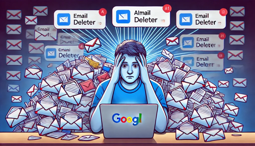 "A frustrated person staring at their Gmail inbox, overwhelmed by hundreds of unread emails and spam, while an AI-powered email deleter tool works in the background to create a clean