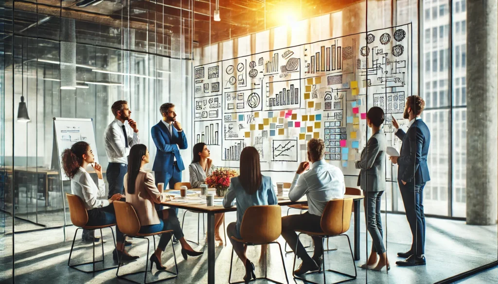 A collaborative meeting in a modern workspace where professionals are brainstorming ideas. The setting includes a large glass board with sticky notes and diagrams, fostering creativity and teamwork.