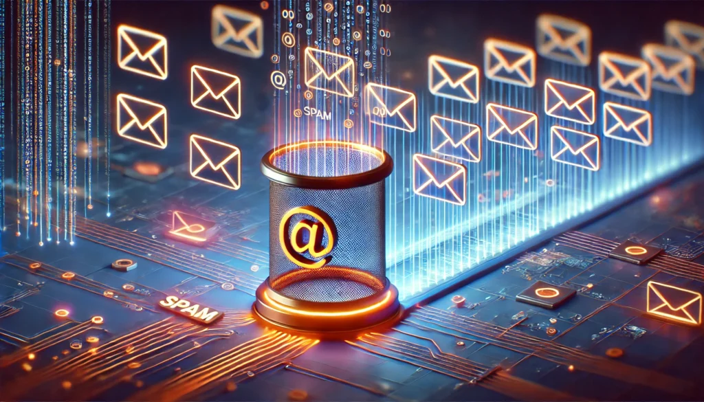 "A creative 3D-rendered concept of an AI-driven 'email deleter' eliminating spam emails in a futuristic Gmail interface, with glowing icons representing smart email security."