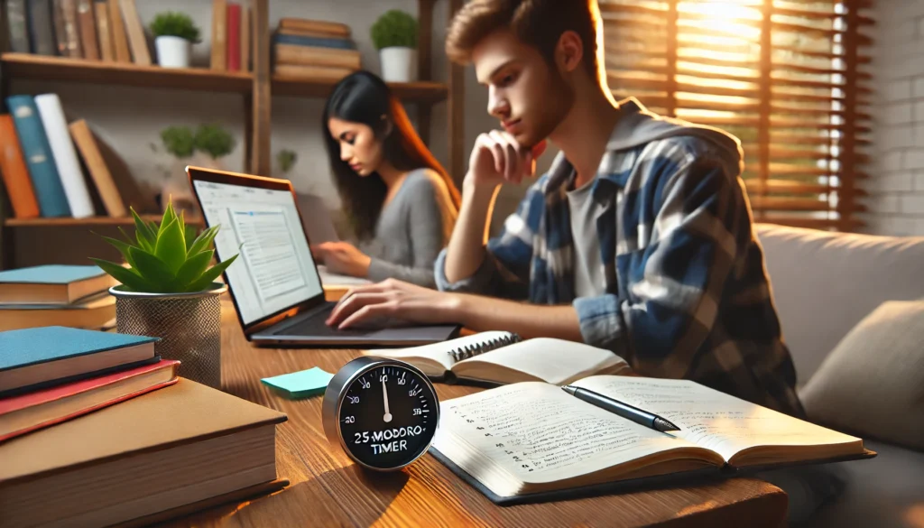 A focused college student working on assignments with a Pomodoro timer on their desk. The workspace includes a laptop, notebooks, and a visible timer counting down 25-minute study sessions, representing effective time management strategies for students.

