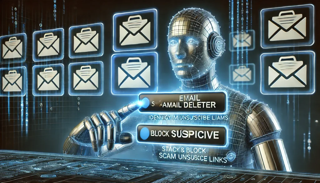 "A creative 3D-rendered concept of a futuristic email security assistant using an 'email deleter' tool to identify and block scam unsubscribe links in real-time."