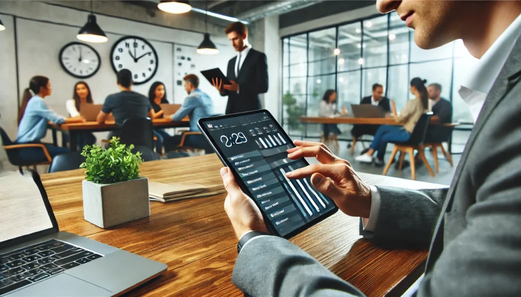 A professional working in a modern coworking space, using a digital tablet to plan and track tasks with time management techniques. The background features a collaborative setting with people engaged in productive work.